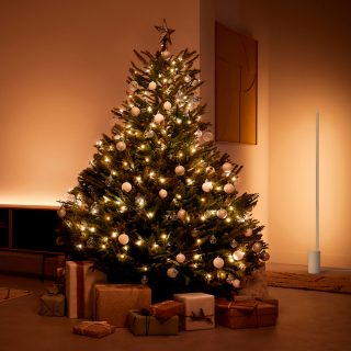 Ein Weihnachtsbaum, der rundum mit speziellen Philips Hue Weihnachtslichtern geschmückt ist, füllt ein Wohnzimmer mit smartem warmen Licht. 