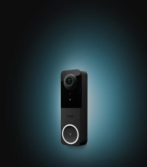 A wired video doorbell in black