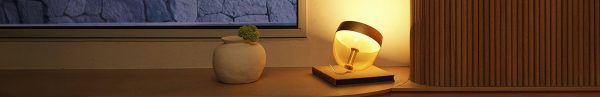 Philips Hue table lamp casting a warm glow on a side table beside a decorative plant.