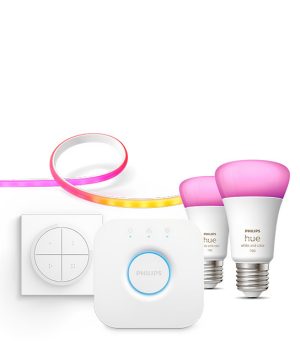Philips Hue -älyvalaistuksen aloituspakkaus sisältää valonauhan, älylamppuja, kytkimiä sekä Hue Bridgen, joka on älyvalaistusjärjestelmän keskusyksikkö. 