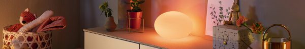 Philips Hue table lamp casting a warm glow on a side table beside a decorative plant.