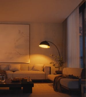 A living room sofa lit with warm white tones of smart light from a floor lamp.