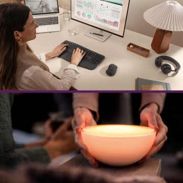 Moderner Arbeitsplatz mit kabelloser Tastatur und Maus; darunter ein Gaming-Setup mit Beleuchtung in Violett und Orange.