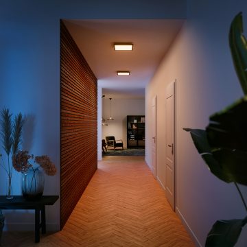 Zwei montierte Hue Aurelle LED-Deckenpanele beleuchten einen Flur mit warmweißem, smartem Licht.