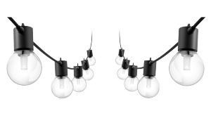 Two strings of Festavia outdoor globe lights with black cables and transparent Lightguide smart bulbs