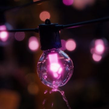 A Festavia outdoor globe party light waterproof lightguide smart bulb splashed with water and glowing in pink smart light