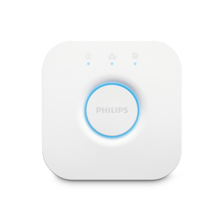 Philips Hue Bridge smart home lighting control system.