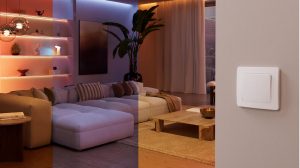 Modern living room with a white wall light switch in the foreground, sectional sofa, coffee table, plants, shelving, and warm ambient lighting.