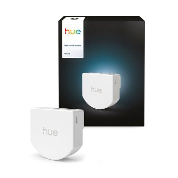 Philips Hue wired wall switch module next to its product packaging.