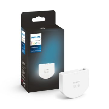 Philips Hue battery-powered wall switch module next to its product packaging.