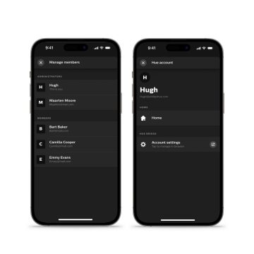 Two smartphones display a smart lighting app interface showing account details, member management, and account settings options.