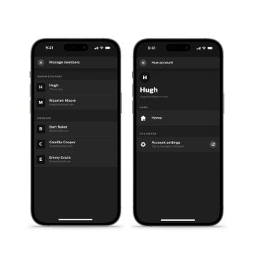 Two smartphones display a smart lighting app interface showing account details, member management, and account settings options.