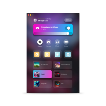 Hue Sync Desktop App interface showing ""Entertainment Area"" toggle, scene selection icons, and scene options like Tyrell and Blue Planet.