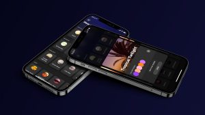 Two smartphones displaying the Hue app interface, showing lighting scene options and a ""Tropical Twilight"" scene with color selection.