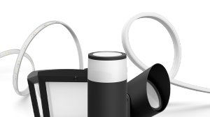 A selection of Philips Hue outdoor lighting products including strip lights, spot lights, wall lights, and bollard lights. 