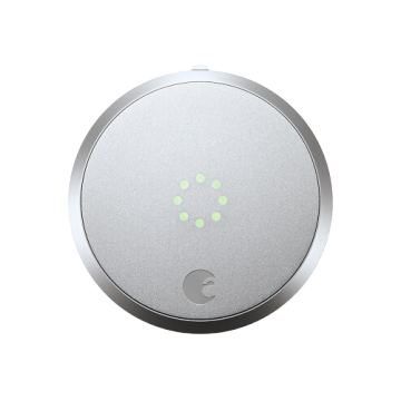 Round smart lock in silver color with a matte finish, featuring a circular arrangement of small green indicator lights on the front.