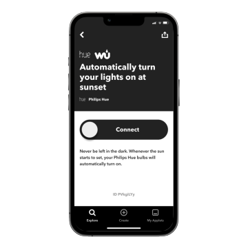 A smartphone screen displays an app interface with a ""Connect"" button to automate lights turning on at sunset, text describing the feature.