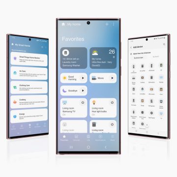 Three smartphones display the SmartThings app interface, showing device controls, status indicators, and an option for hue light bulbs.