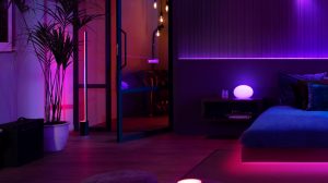 Bedroom with indoor LED strip lights and accent lamps emitting purple and pink ambient glow, highlighting modern furnishings.