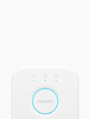 White square-shaped smart lighting bridge with matte finish, circular button in center, blue indicator lights, and labeled icons above.