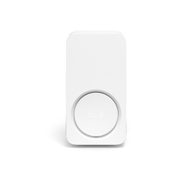 White rectangular smart doorbell chime with matte finish, circular button labeled ""hue"" at the center, compact design.