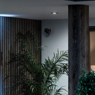 A black smart security camera is mounted high on a wall above indoor plants, positioned to monitor the room.