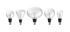 A collection of clear smart light bulbs with black bases, shown in various shapes and sizes, featuring visible internal filaments.