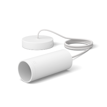 White cylindrical pendant light with a matte finish, featuring a matching round ceiling mount and braided cord, compact design visible.