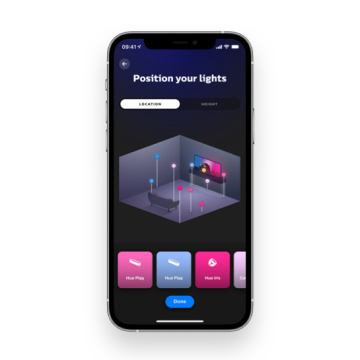 Smart lighting app interface showing ""Position your lights"" with options for location and height, and colored light icons in a room.