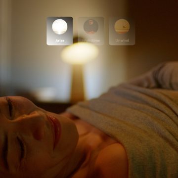A person lying in bed under a blanket with a softly lit bedside lamp and lighting scene options labeled Arise, Nighttime, Unwind.