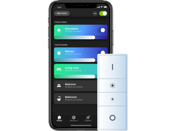 Mobile app interface showing zones and rooms with lighting status, including bathroom lights inactive, and a white remote control.