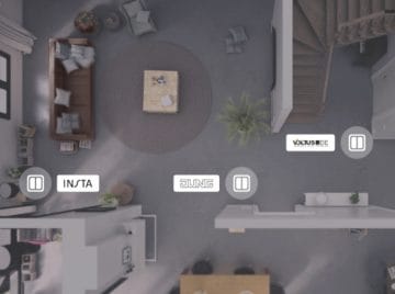 Top view of a living room with smart wall switches labeled INSTA, JUNG, and VOLTUS, showing compatibility with Hue systems.