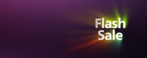 White text reading ""Flash Sale"" on a dark purple background with colored light rays behind the text. No products are visible.