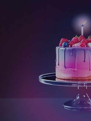 Birthday cake with pink icing, berries, and a lit candle on a glass stand, illuminated by a soft ambient glow in a neutral space.