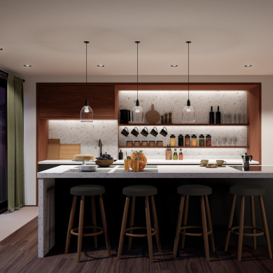 Pendant and recessed smart lights installed above a kitchen island and shelves, providing functional illumination to work surfaces.