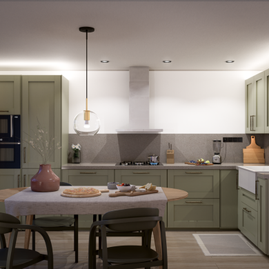 Pendant smart light with clear glass shade hangs above kitchen table, illuminating countertop and food items in modern kitchen setting.