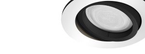 Smart recessed light with a round shape, black and white finish, compact design, and textured lens, no visible switches or ports.