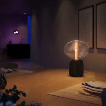 Gros plan de l'ampoule ellipse Lightguide dans le pied de lampe de table noir assorti