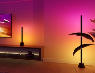 Une lampe de table et un lampadaire Philips Hue Play, placés à côté d’une TV, créent des effets d'éclairage immersifs dans des dégradés de lumière violets, roses, jaunes et bleus. 