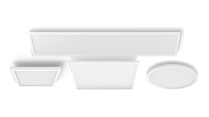 Une sélection de panneaux lumineux LED Aurelle et Surimu de formes rectangulaires, carrées et rondes avec des cadres en aluminium blanc.