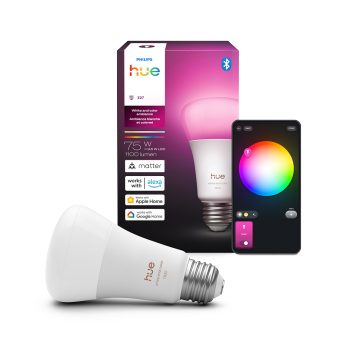 Una lampadina intelligente Philips Hue compatibile con Matter con confezione e app Hue.