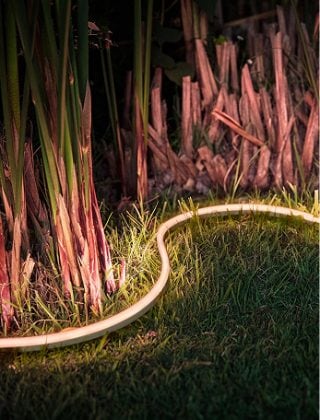 Een Philips Hue LED strip voor buiten, aangebracht rond een bloembed in de achtertuin, straalt in roze tinten.
