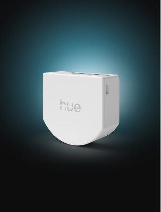 Biały moduł przewodowego regulatora przyciemniania Philips Hue.